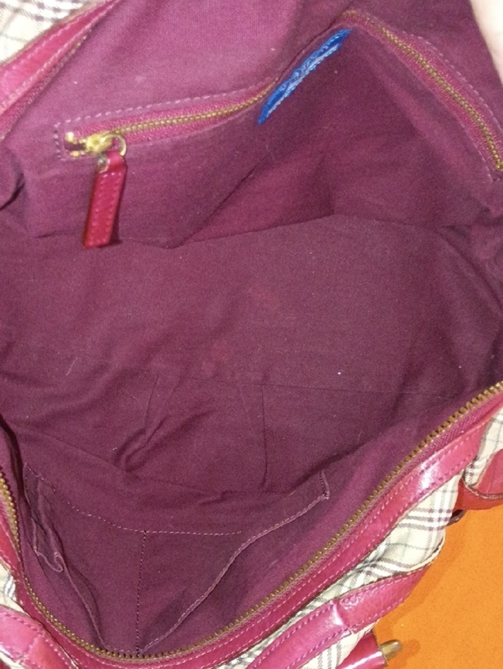 Burberry Blue Label  Beige Plaid Satchel with Red Leather Trim - Picture 10 of 12